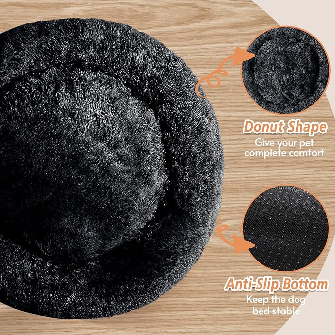 JOLLYVOGUE Calming Small Dog & Cat Bed for Indoor Cats - 20 inches Washable Donut Bed for Kittens & Puppies, Anti-Anxiety Round Fluffy Plush Pet Beds (Fits up to 15 lbs, Smoke Black)