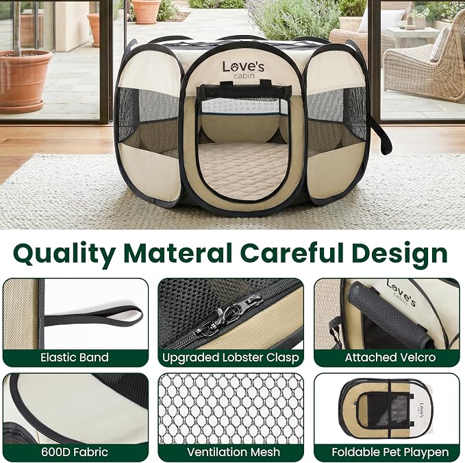 Love's cabin Dog Playpen with Washable Pee Pad, Puppy Pet Cat Playpen Small Dogs Tent Crate Indoor/Outdoor, Portable Pop Up Kennel with Carrying Case for Cats/Rabbits(Khaki,Small with pad)