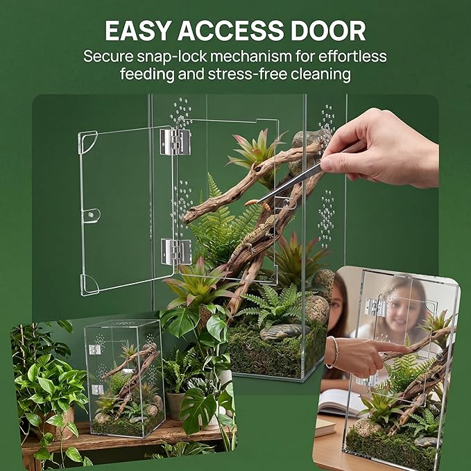 Large Jumping Spider Enclosure, 12x6x6 Inch Acrylic Spider Terrarium, Pre-Assembled Reptile Enclosure with Front Opening Door, Habitat Accessories for Mantis, Tarantula, Snail, Invertebrates