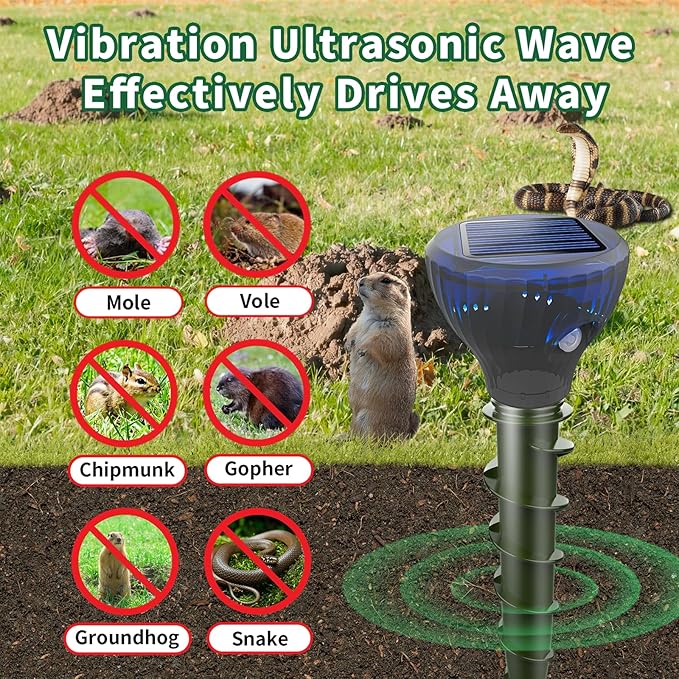 2026 Upgraded Solar Mole & Gopher Repellent 4 Pack, IP65 Waterproof Ultrasonic Vibration Stakes, Snake Skunk Vole Groundhog Deterrent to Protect Yard, Lawn & Garden