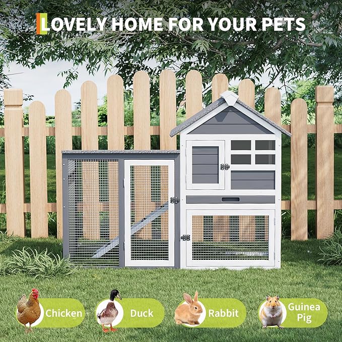 2-Story Rabbit Hutch, Small Wooden Chicken Coop, with Waterproof Roof, Pull Out Tray and Anti-Slip Ramp, Bunny Cage for Indoor Outdoor (45.28" L x 20.08" W x 36.61" H)