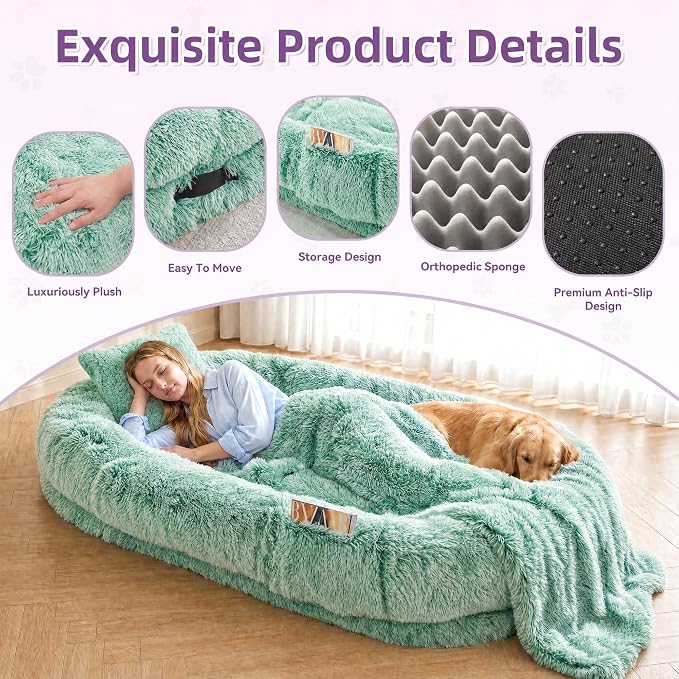 Human Dog Bed, Oversized Plush Lounger Bed with Plump Pillow and Blanket | 71" x 45" x 12" Long Plush Polyester Floor Nest for Relaxing, Napping, Reading, and Family Cuddle Time - Gradient Green