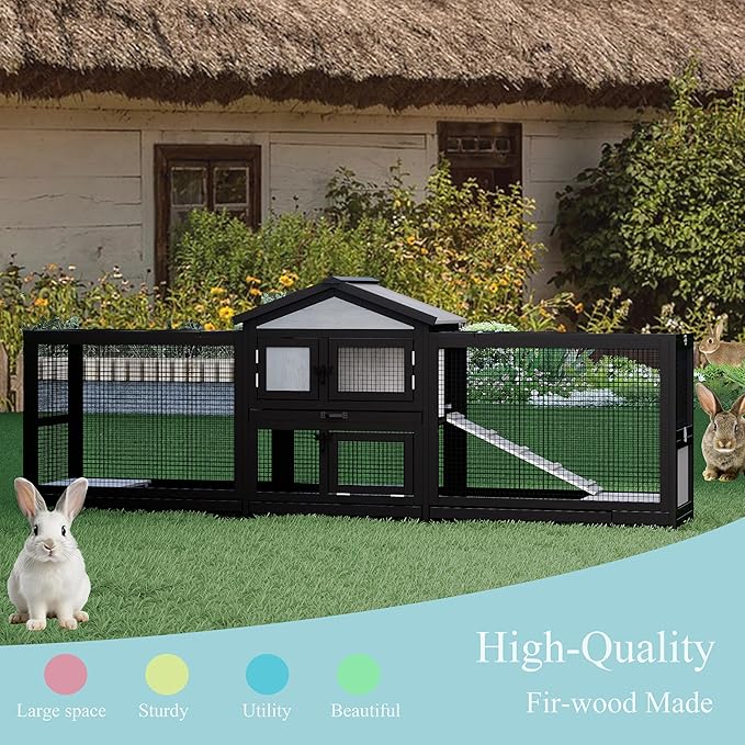 89" Wooden Rabbit Hutch Bunny Cage Pet Playpen House Enclosure with Double Side Run Boxes, Ramp, for Guinea Pig and Small Animals, Black