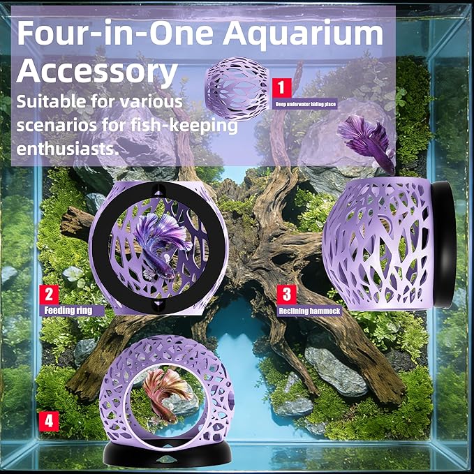 Floating Betta Hideout Cave & Shrimp Cave | Aquarium Floating Betta Skin | Shrimp Feeder | Multi-Function Resting Hideout Hammock & Small Fish Feeding Ring | Aquarium Decor Accessory (Purple