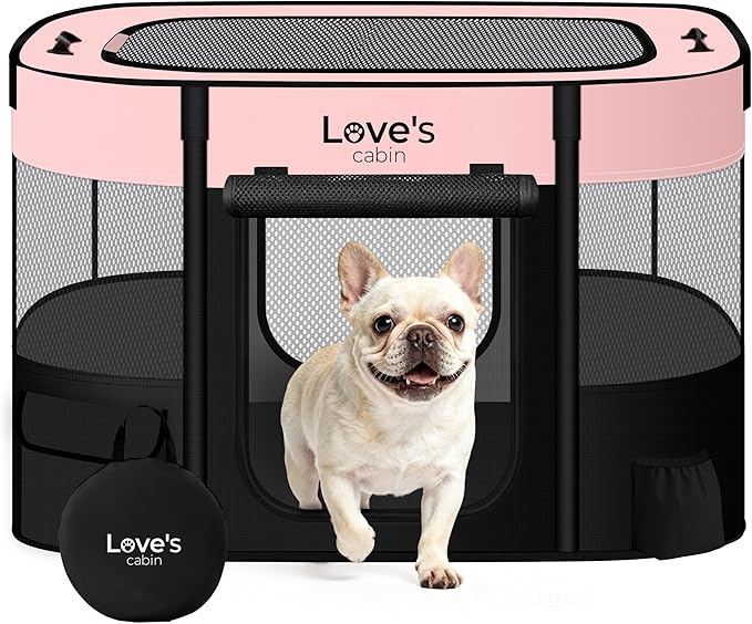 Love's cabin Pet Puppy Dog Playpen, Small Dog Tent Crates Cage Indoor/Outdoor, Portable Exercise Playpen for Cat, Foldable Pop Up Dog Kennel Playpen with Carring Case (S, Pink)