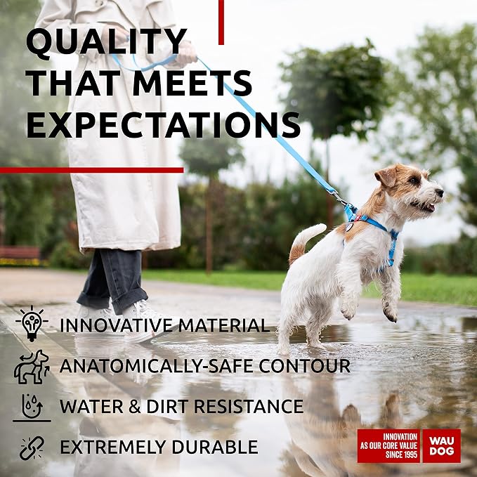 WAUDOG Waterproof Dog Harness - Adjustable, Heavy Duty with Durable Metal Clasp & QR Dog Tag - Modern Style for Medium Dogs - Blue, Size S: 16-22"