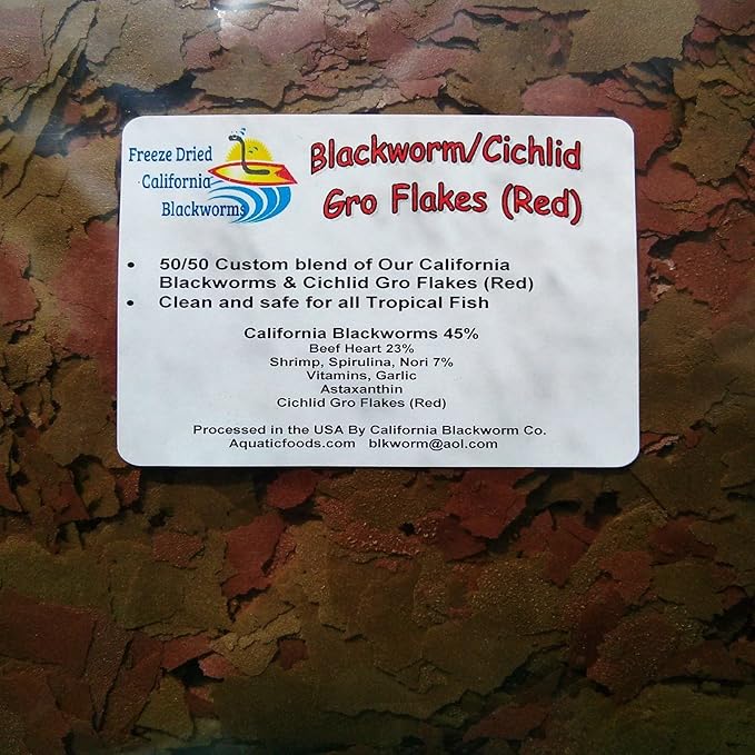 Aquatic Foods Inc. Flakes - 45% California Blackworm & Cichlid Red GRO Color Flake Mix for Discus, Cichlids, Tetras, Guppies, Live Bearers, All Community Tropical Fish - Premium AF Flakes - 2-lbs