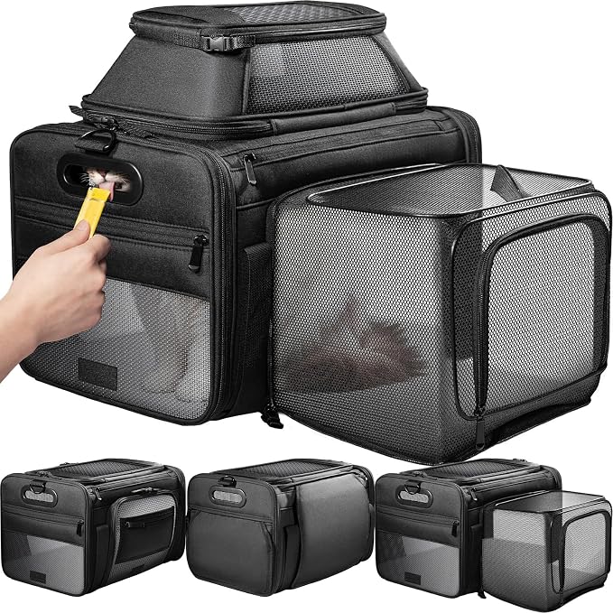 Top-Side Expandable Pet Carrier, Treat Window,18x11x11 Airline Approved | for Delta American United,Soft-Sided Cat Carrier,Anti-Scratch Mesh,Lockable Zippers,Dog Carrier for Kitten,Rabbit,Puppy,Black