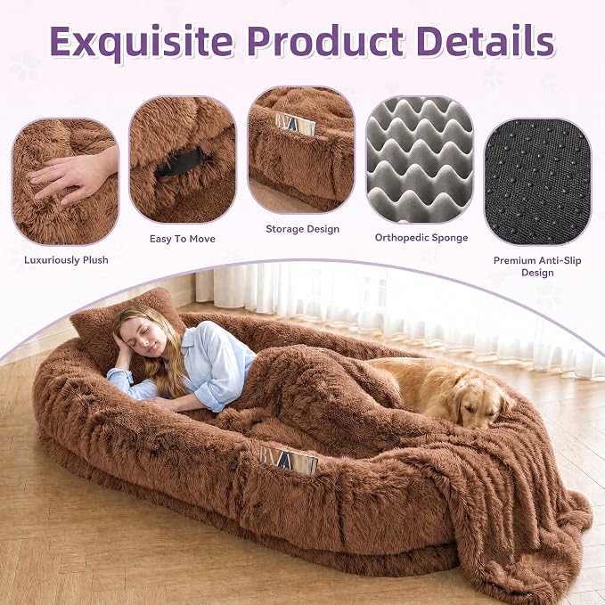 Human Dog Bed - Extra Large Dog Bed for Humans 71''x45''x12'' | Giant Cuddle Pillow Pet Lounger, Super Soft Plush Orthopedic Floor Cushion for Adults, Kids, Pets - Washable Cover, Khaki.