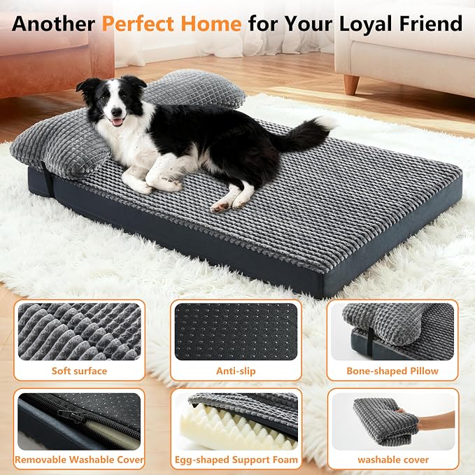 KISYYO Orthopedic L Dog Beds for Large Dogs with Removable Washable Cover and Removable Pillow for Crate,Waterproof Extra Large Dogs Mat, Grey, 35x23