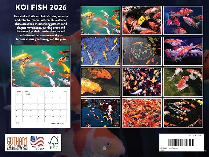 Koi Fish Calendar 2026 Wall 2026 Monthly Wall Calender 12 Month | American Made In The USA