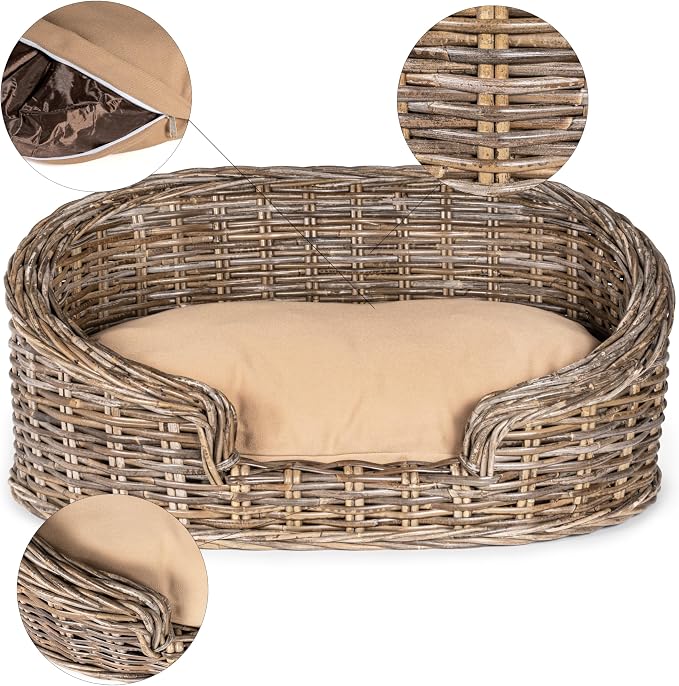 DBD1000A Curvy 28.5" x 17.25" Classic Handwoven Rattan Dog Bed with Machine-Washable Cushion, Kubu Gray