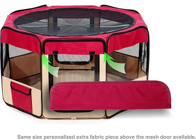 Pawer 45”×24” 8-Panel Foldable Pet Playpen, Burgundy+Beige, Personalize Embroidery Extra Fabric Piece Available, for Cat/Dog/Puppy, 600D Oxford Cloth Portable Indoor & Outdoor Kennel with Carry Bag