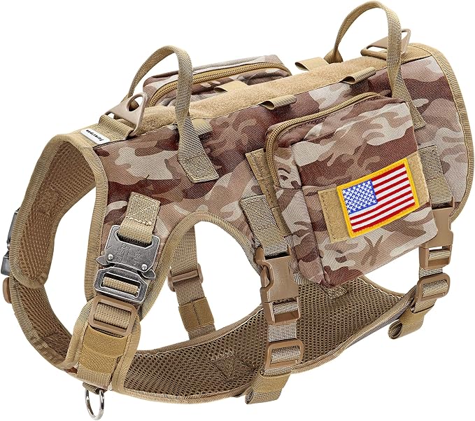 Forestpaw Tactical Dog Harness Tactical Dog Collar with Bungee Leash Set,No Pull Military Dog Harness for Walking Training,Adjustable for Medium Dogs,Camouflage Brown,Chest 17-25"