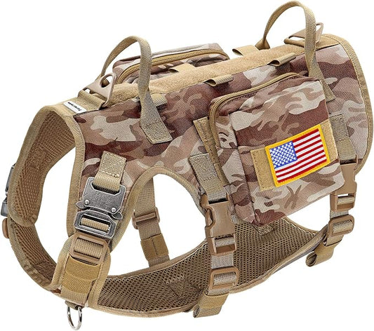 Forestpaw Tactical Dog Harness Tactical Dog Collar with Bungee Leash Set,No Pull Military Dog Harness for Walking Training,Adjustable for Medium Large Dogs,Camouflage Brown,Chest 27-40"