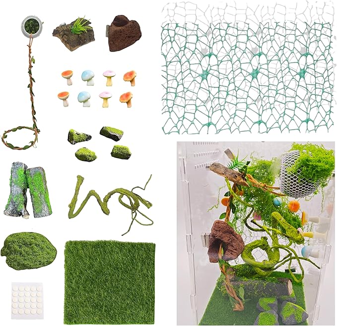 22 Pcs Jumping Spider Enclosure Decor Accessories, Terrarium Landscaping Kit with Mossy Wood, Green Vine, Mesh, Mini Mushrooms & Grass Mat for Tarantula Reptile Habitat Decoration