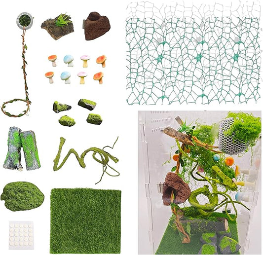 22 Pcs Jumping Spider Enclosure Decor Accessories, Terrarium Landscaping Kit with Mossy Wood, Green Vine, Mesh, Mini Mushrooms & Grass Mat for Tarantula Reptile Habitat Decoration