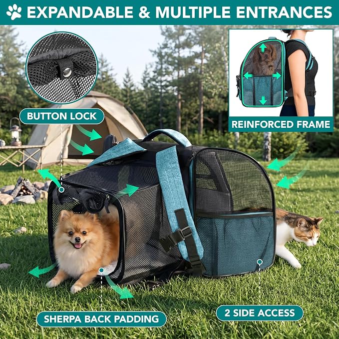 PetAmi Expandable Dog Backpack Carrier for Cats & Pets, Breathable Cat Carrier Backpack with Top Window & Multi-Entry, Ventilated Foldable Travel Carrier for Small Medium Pets up to 18 lbs, Teal Blue