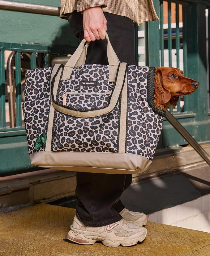 Transit Tote Dog Carrier for Small/Medium Dogs 8-20 lbs, 19x12x9 Soft-Sided 4-Pc Set with Waterproof Base, Plush Insert, Food Pouch, Mesh Head Opening - Medium, Leopard