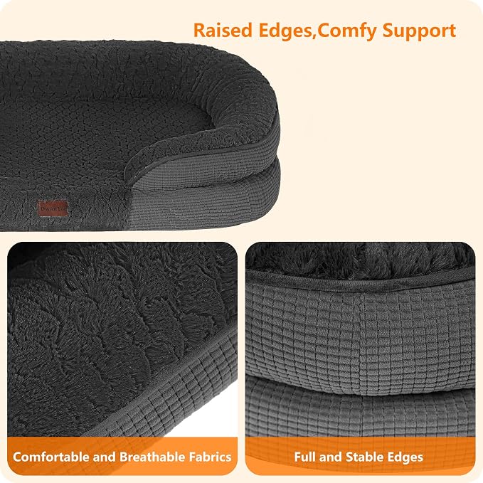 Dwanton Orthopedic Dog Bed for Medium Dogs with Gel Memory Foam, Waterproof Dog Sofa, Washable Pet Bed with Four Sided Bolster Cushion, Removable Cover & Non-Slip Bottom, 36", Plush-Dark Grey