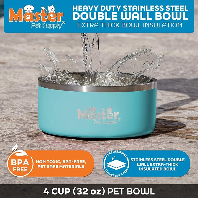 Master Pet Supply Stainless Steel Dog Bowls - 32 oz, Heavy Duty - Aqua Sky, Double Wall Extra-Thick Insulated, Non-Slip Pet Water Bowl for Dogs, Cats & Pets, Anti Rust Metal, Dish Washer Safe