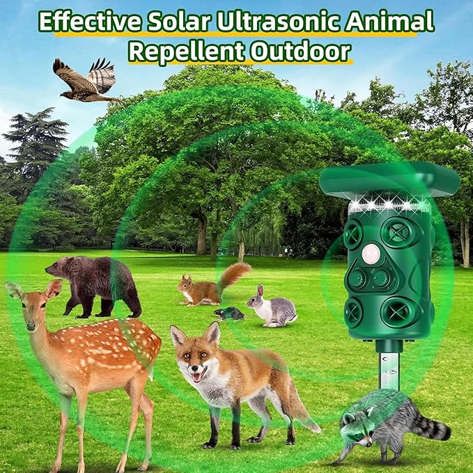 Solar Ultrasonic Deer Repellent Device – Animal & Raccoon Repellent Outdoor with Motion Sensor Flashing LED, IP54 Waterproof Wildlife Deterrent, 13.5–45.5KHz Dual Chip Pest Repeller 2PK