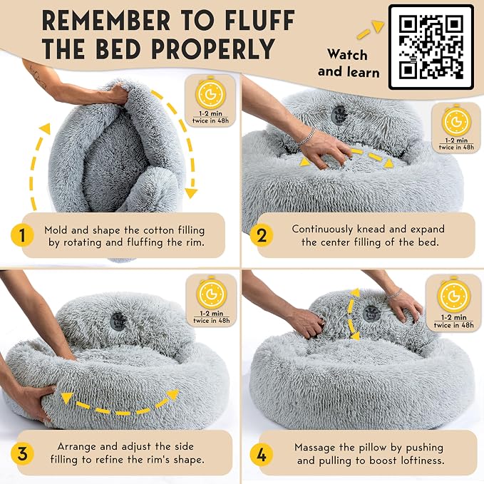 PetJett Dog Beds Large Sized Dog - 36'' Calming Round Bed, Washable Dog Bed - Anti-Slip Super Soft Donut Bed, Fluffy Faux Fur Anti-Anxiety Premium Comfort Pet Bed, Fits Dogs up to 80 lbs - Bright Grey