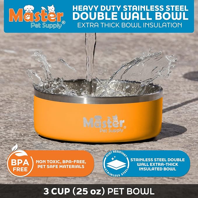Master Pet Supply Stainless Steel Dog Bowls - 25 oz, Heavy Duty - Mango Tango, Double Wall Extra-Thick Insulated, Non-Slip Pet Water Bowl for Dogs, Cats & Pets, Anti Rust Metal, Dish Washer Safe