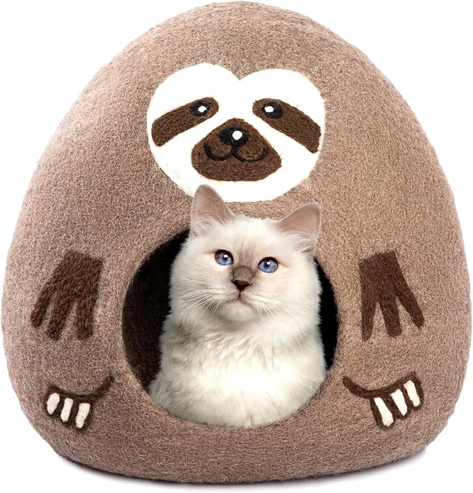Luxurious Merino Wool Cat Cave - Foldable Hideaway Pod for Indoor Cats - Premium Felt Kitten Pet Enclosure - Covered Cat House for Ultimate Cozy Comfort by Woolygon (Sloth)