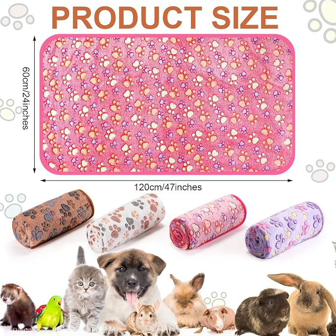 Tatuo 4 Pack Fleece Dog Blankets for Puppy Cats Multi-Size Sleep Mat for Pet Guinea Pig Soft Washable Warm Crate Bed Puppy Teething Toys Print Pattern Blanket Indoor(Mixed Color,24 x 47 Inch,Paw)