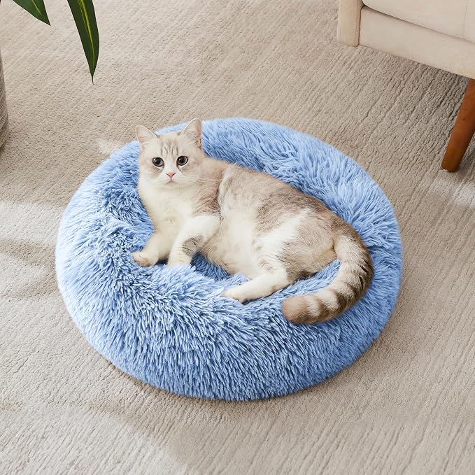 Western Home Calming Donut Cat Bed Small Dog Bed Washable,20" Light Blue | Fluffy Faux Fur Round Cuddler,Anti-Anxiety,Anti-Slip Bottom,Self-Warming Pet Bed for Small Dog&Kitten&Puppy,Up to 12 LBS