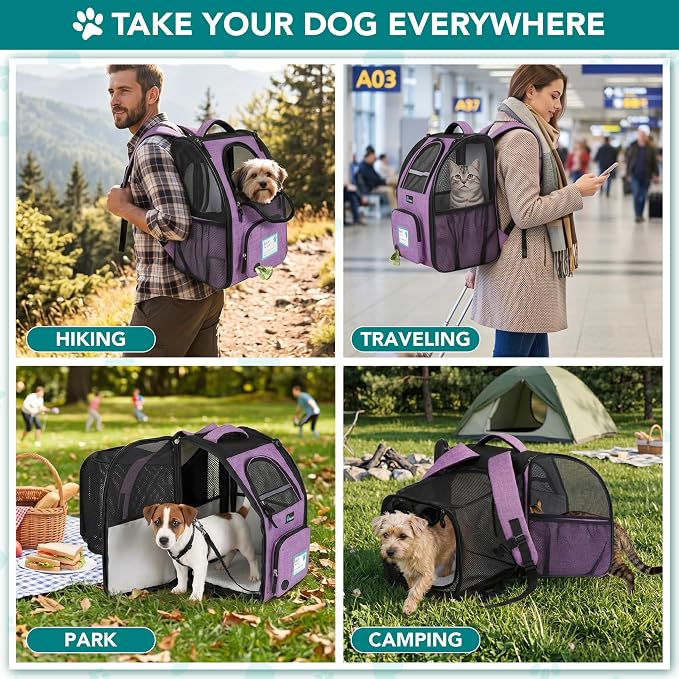 PetAmi Expandable Dog Backpack Carrier for Cats & Pets, Breathable Cat Carrier Backpack with Top Window & Multi-Entry, Ventilated Foldable Travel Carrier for Small Medium Pets up to 18 lbs, Purple