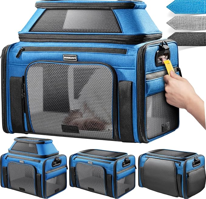Top-Expandable Pet Carrier with Treat Pet Window,17x11x9.5 Airline Approved | for Alaska Hawaiian,Soft-Sided Dog Carrier, Anti-Scratch Mesh, Lockable Zippers,Cat Carrier for Kitten,Rabbit,Puppy,Blue