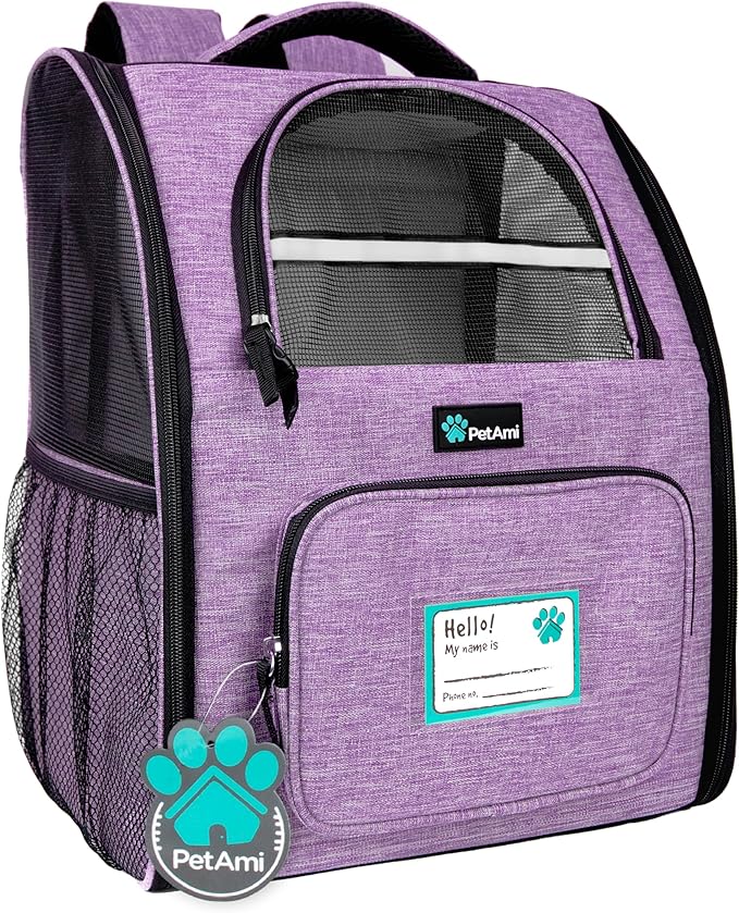 PetAmi Dog Backpack Carrier for Small Medium Dogs Large Cats up to 18 lbs, 2 Side Entry, Structured No-Collapse Frame, Airline Approved Ventilated Pet Backpack for Hiking Camping Travel, Purple