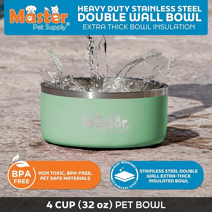 Master Pet Supply Stainless Steel Dog Bowls - 32 oz, Heavy Duty - Pistachio, Double Wall Extra-Thick Insulated, Non-Slip Pet Water Bowl for Dogs, Cats & Pets, Anti Rust Metal, Dish Washer Safe