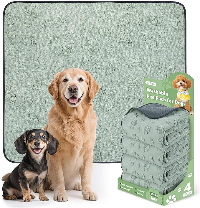 LOOBANI 4 Pack Washable Pee Pads for Dogs, Floor, Whelping, 30"x34" | Reusable, Super Absorbent, Waterproof, Leakproof, Non Slip, For Potty Training, Crates, Beds, Couches, Travel