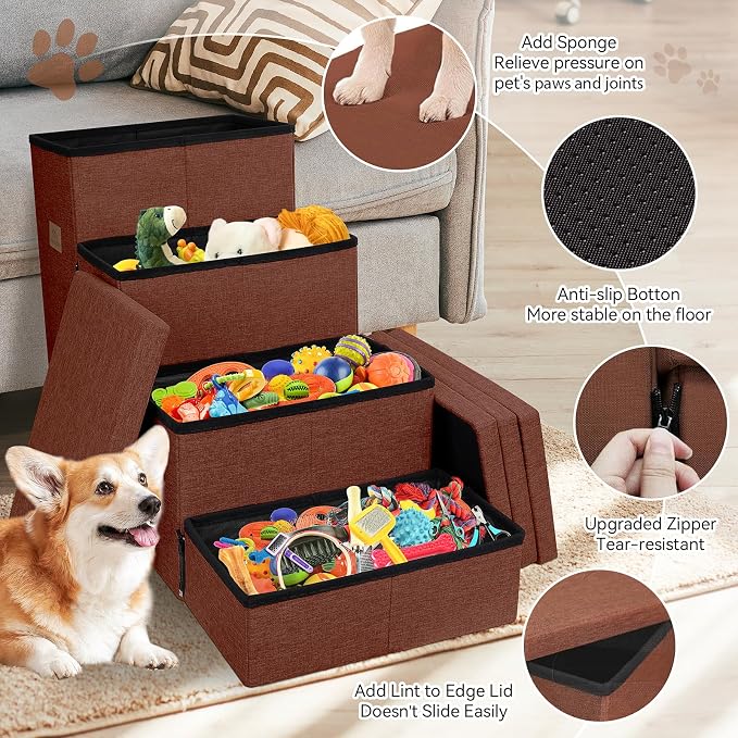 Zerbuger Dog Stairs with Storage, Brown 4 Steps Dog Ramp with Condo for Bed | 23" H Wider Dog Steps for High Beds Couch, Folding Storage Pet Stairs Gift for Climbing Small/Medium/Large Old Dogs Cats