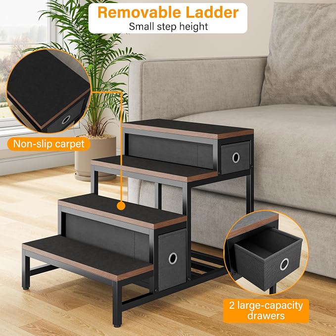 kepptory Dog/Cat Window Perch with Stairs and Seat Cushion, Pet Bunk Bed with Storage Drawers, Bedside Dogs Cot for Small, Medium Cats & Dogs, Pet Stairs Ramp(Brown)