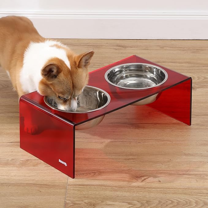 DBL2001H Keaton 7.5" Medium/Large Modern Acrylic Rectangular Elevated Pet Feeder with 54oz 2-Stainless Steel Bowls, Red/Chrome
