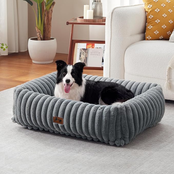 Dog Beds Large Sized Dog,Rectangle Orthopedic Pet Bed for Large Dog, Comfort Fluffy Memory Foam Dog Beds with Anti-Slip Bottom,Grey(35x25x9inchs)