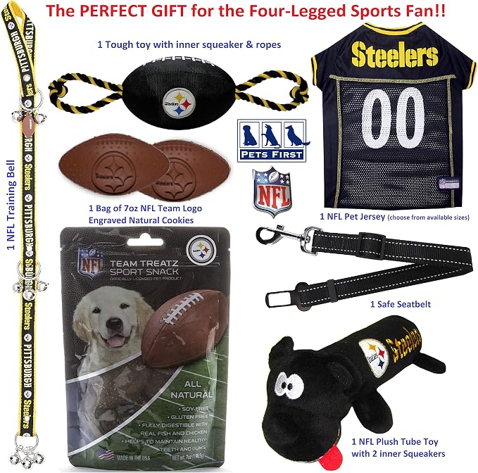 NFL Pittsburgh Steelers PET GIFT BOX with 2 Licensed DOG TOYS, 1 Logo-engraved NATURAL DOG TREAT, 1 NFL JERSEY, 1 NFL Puppy Training Bells & 1 Car Seatbelt