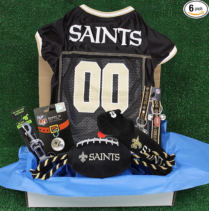 NFL New Orleans Saints PET GIFT BOX with 2 Licensed DOG TOYS, 1 Logo-engraved NATURAL DOG TREAT, 1 NFL JERSEY, 1 NFL Puppy Training Bells & 1 Car Seatbelt