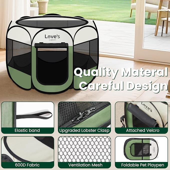 Love's cabin Pet Puppy Dog Playpen, Small Dog Tent Crates Cage Indoor/Outdoor, Portable Playpen for Cat, Foldable Pop Up Dog Kennel Playpen with Carring Case, Removable Zipper Top, Olive Green