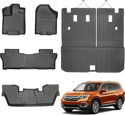 Floor Mats for 2016-2022 Honda Pilot 7 Seats (No Elite Models) All Weather Trunk Mat Cargo Mat TPE Trunk Liner Back Seat Cover Pilot Accessories (Floor Liner+Cargo Liner with Backrest Mat)