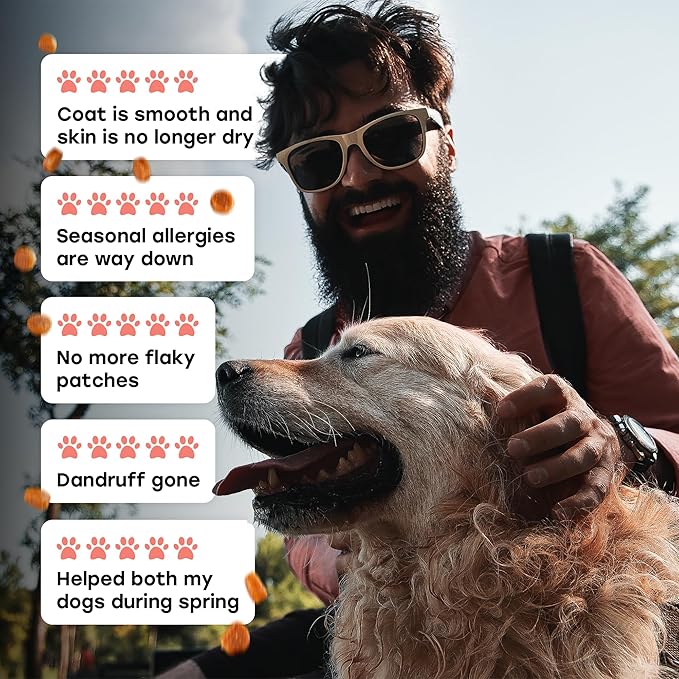 Omega 3 & 6 Dog Skin & Coat Chews – Wild Salmon Oil, Biotin, Zinc & Vitamin E – Supports Dry Itchy Skin, Shedding & Healthy Coat – PhD-Endorsed, Made in USA, 140 Chews, Salmon Flavor