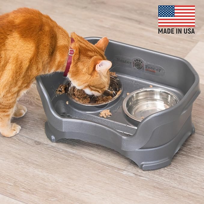 Neater Pet Brands Neater Feeder Deluxe Mess Proof Cat Bowls Elevated, Made in USA, No Spill Raised Bowls for Indoor Cats, Stainless Steel Food and Water Bowl Set, Pet Dish Feeding Station, Gunmetal