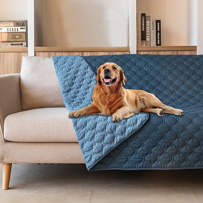 gogobunny Waterproof Dog Blankets for Large Dogs, Pet Bed Cover Breathable | Washable Pee Pads, Quilted Throw Blanket, Furniture Protector for Couch Sofa Bed Car, 82x82 Inch Dark/Light Blue