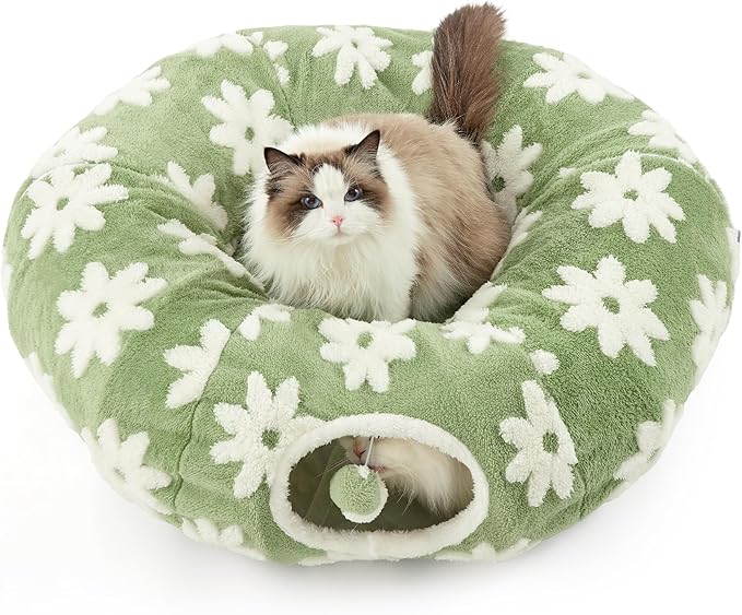 Lesure Donut Cute Jacquard Cat Tunnel Bed Kitten Toys for Puppy Bunny | 33.5x33.5x10in,Round Cat Bed Tube for Indoor Cats Rabbit Dog,Pet Peekaboo Cave Toy,Spiral Hideaway,Washable Cushion,Green