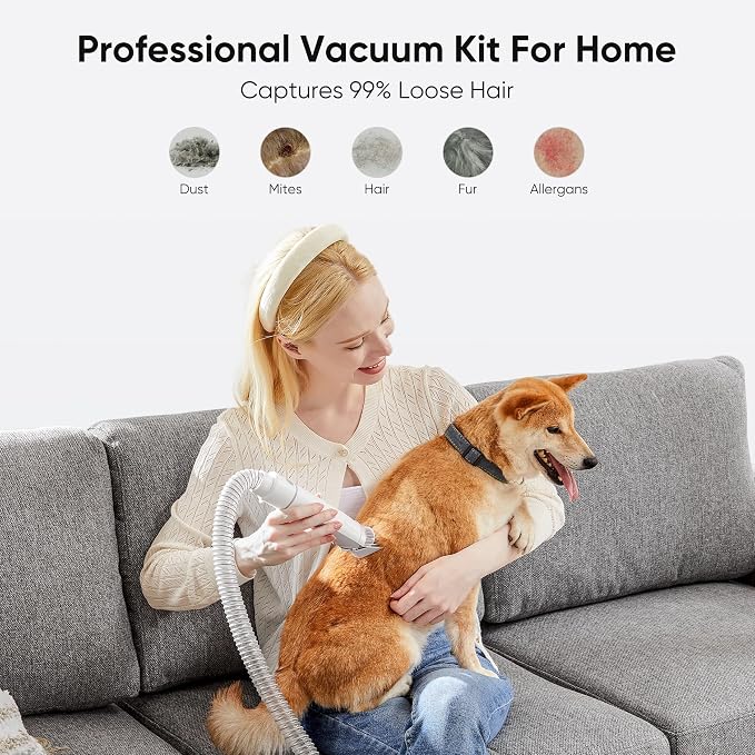 NEWBULIG Pet Grooming Vacuum Kit for Cats and Dogs, 2.5L Dust Cup | 3 Suction Modes and 5 Groomer Tools, Low Noise for Cats, Dogs Other Animals Hair Trimmer, White