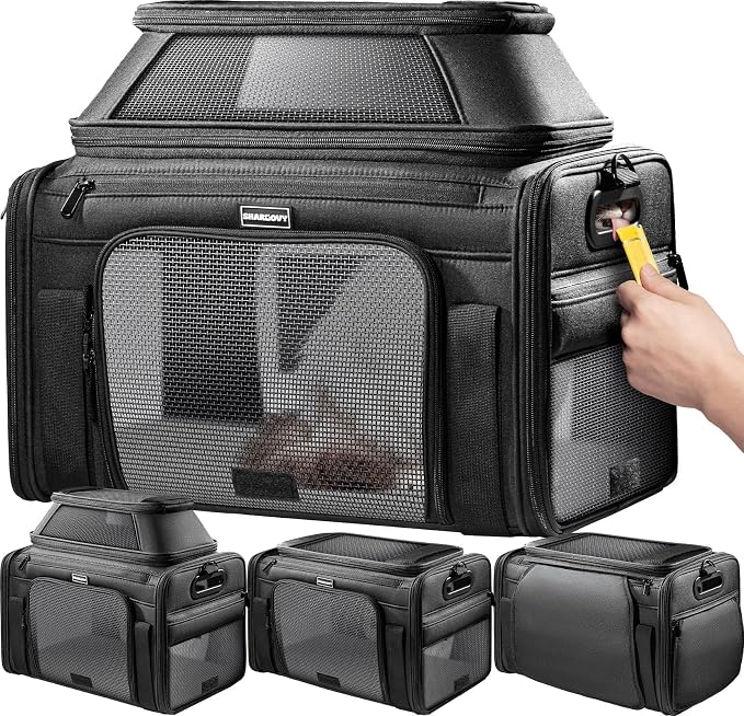 Top-Expandable Pet Carrier with Treat Pet Window,17x11x9.5 Airline Approved | for Alaska Hawaiian,Soft-Sided Dog Carrier, Anti-Scratch Mesh, Lockable Zippers,Cat Carrier for Kitten,Rabbit,Puppy, Black